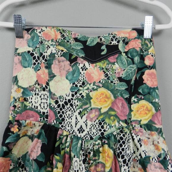 Antix Brazil Floral Strapless Dress Size M Black Green Pink Yellow Fit and Flare - Picture 3 of 12